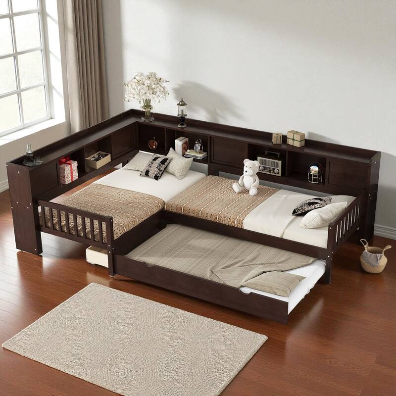 L-Shaped Twin Platform Bed with Trundle, Solid Wood Corner Bed Frame with Drawers and Shelves, No Box Spring Needed