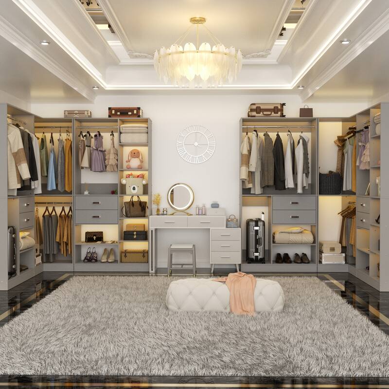 Rackcog Freestanding Closet Organizer with Hanging Rod, Closet System Wardrobe with Wood Drawers