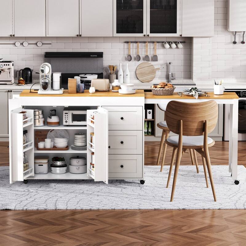 74.8" Kitchen Island with Extendable Dining Table, Rolling Kitchen Storage Cart with 3 Drawers, Power Out and Spice Rack