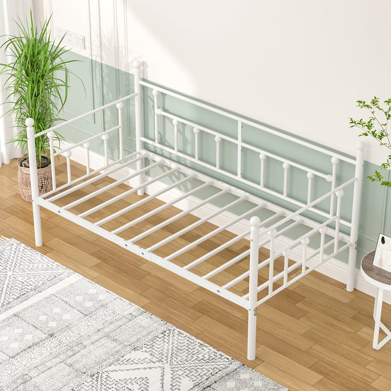 VECELO White Twin-Size Daybed with Roman Column Design Heavy-Duty Metal Frame for Kids Living Room and Guest Bed