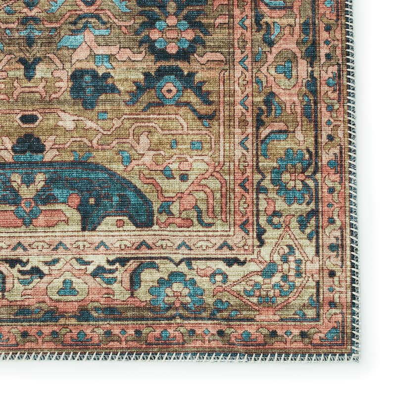 Jayven Machine Washable Medallion Blue/ Tan Area Rug