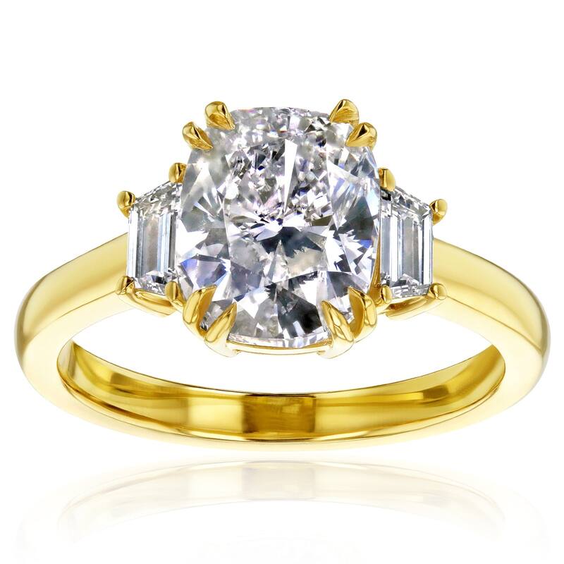 Kobelli 3.32 Carat Natural Diamond IGI Certified 18k Yellow Gold 3-Stone Cushion & Trapezoid Meghan Engagement Ring