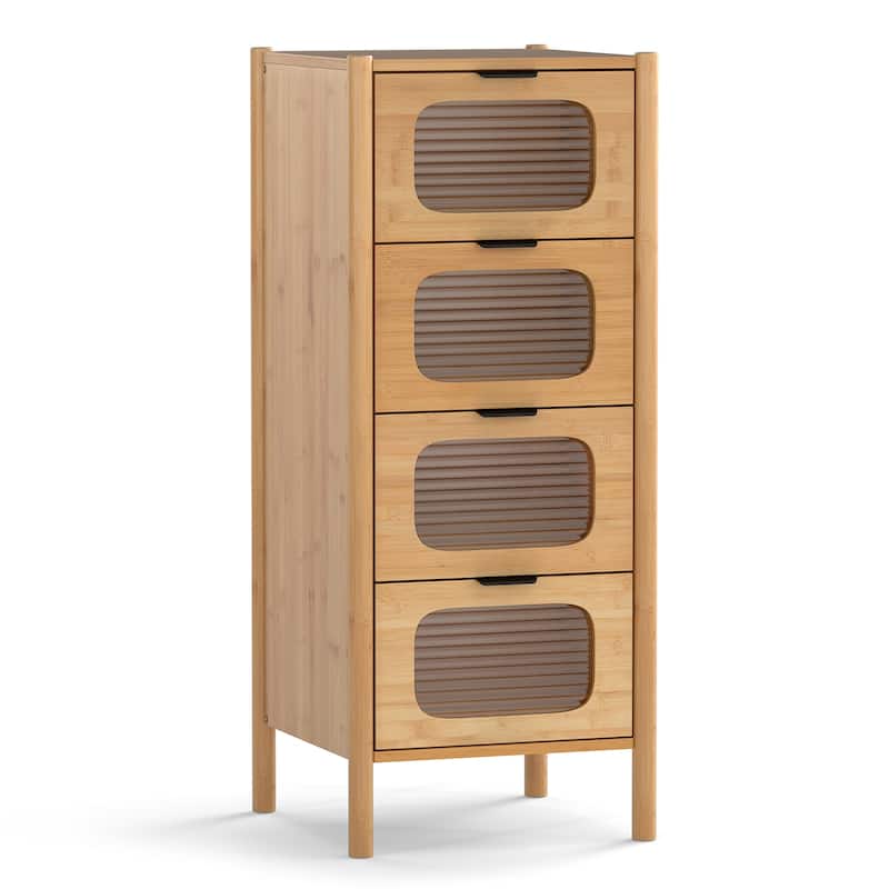 Stylish Natural Wicker Storage Chest with 4 Tempered Glass Drawers and Metal Pull Handles - 16" x 16" x 38"