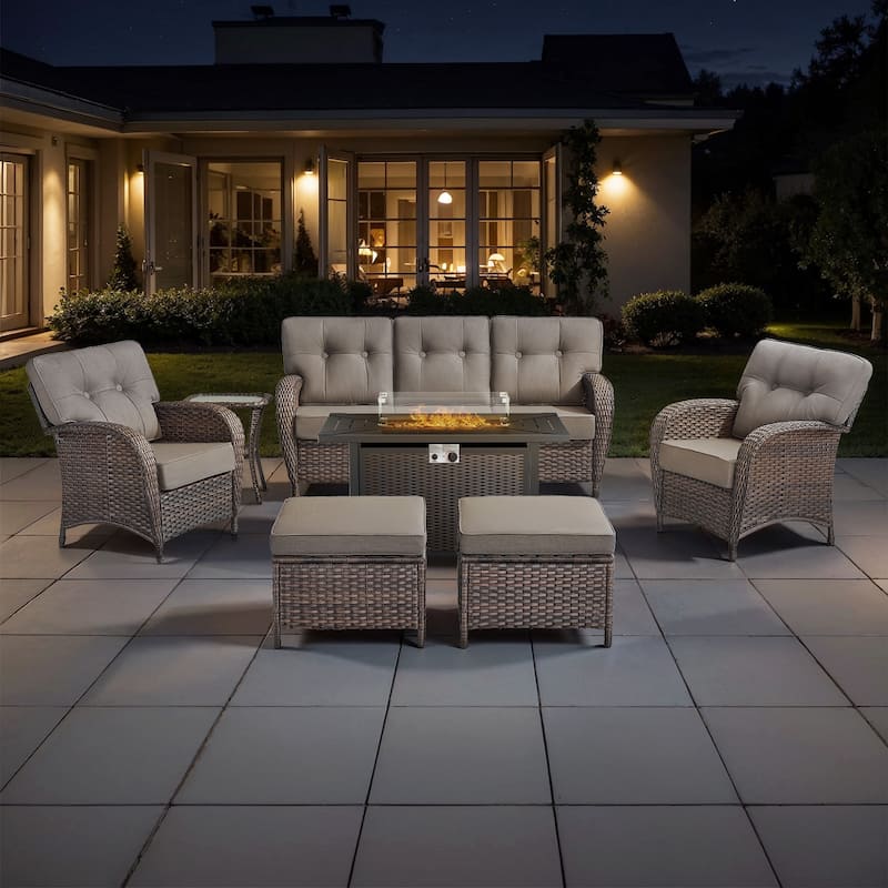 TWrap 7-Piece Wicker Patio Iron Fire Pit Conversation Set with 3-Seat Sofa & Armchairs - Brown/Gray - Fire pit Set