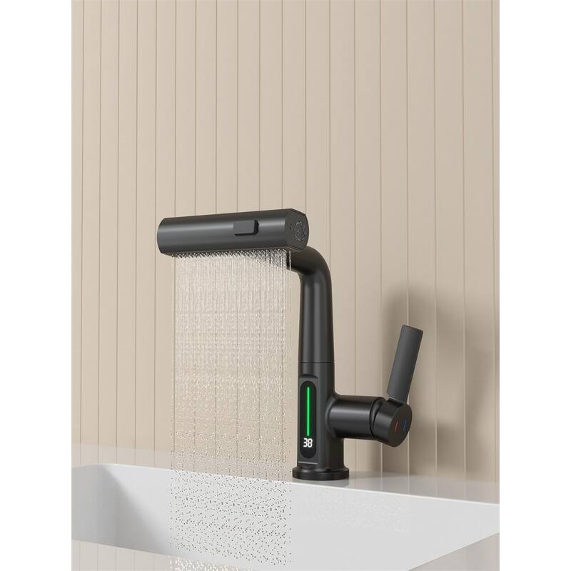 Pull Out Lift Bathroom Sink Faucet with LED Temperature Digital Display and 3 Water Spray Modes, Corrosion Resistant