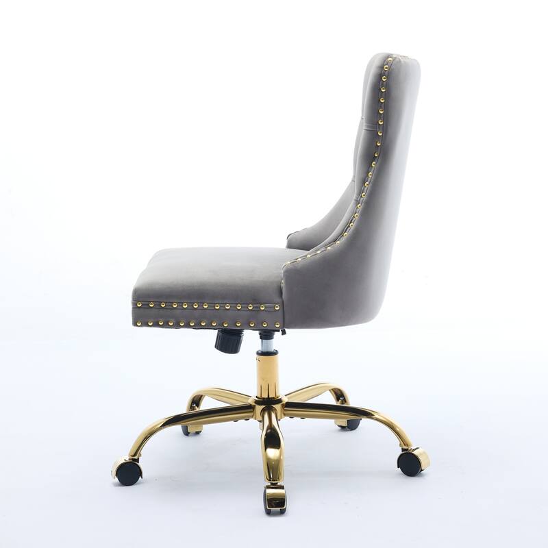 Modern Velvet Swivel Office Chair with Tufted Back/Golden Metal Base