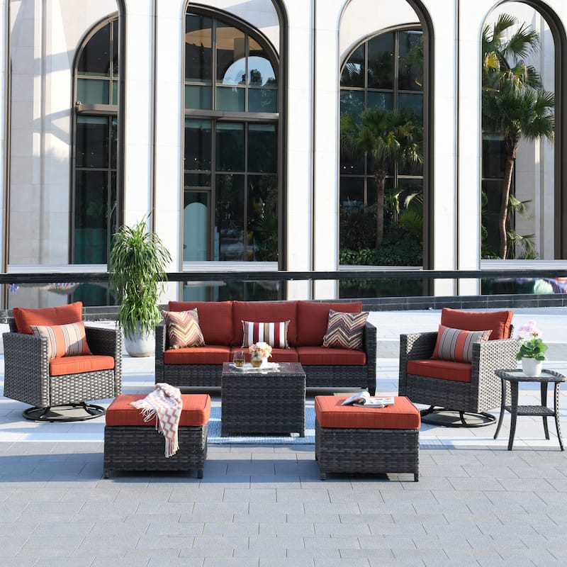 OVIOS 7-piece Patio Furniture Wicker Set with Swivel Rocking Chairs - Red/Orange
