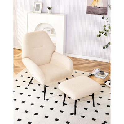 White Modern 29.5" High Back Upholstered Buttons Tufted Accent Chair with Ottoman for Living Room