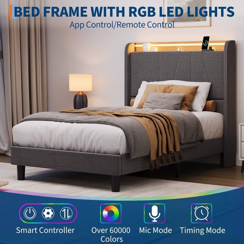 Twin Size Bed Frame with Charging Station and LED Lights, Modern Platform Bed with Slats