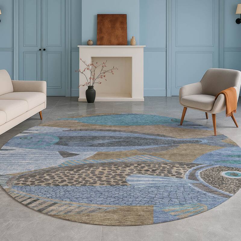 Machine Washable Indoor/ Outdoor Modern Fish Chantille Rug
