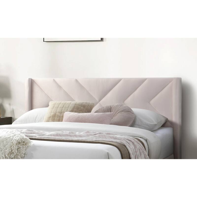 Modern Light Pink Velvet Upholstered Queen Size Bed with Geometric Headboard
