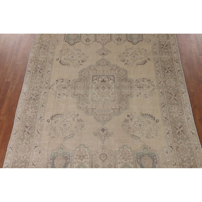Distressed Tabriz Persian Vintage Area Rug Handmade Beige Wool Carpet - 7'9"x 11'0"