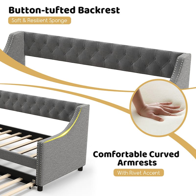 Gymax Twin Size Daybed w/ Trundle wingback Armrests & Button Tufted