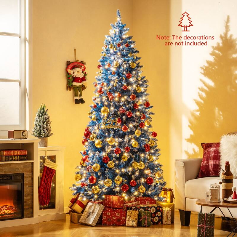 Gymax Pre-Lit Artificial Christmas Tree Blue Hinged Xmas Tree w/