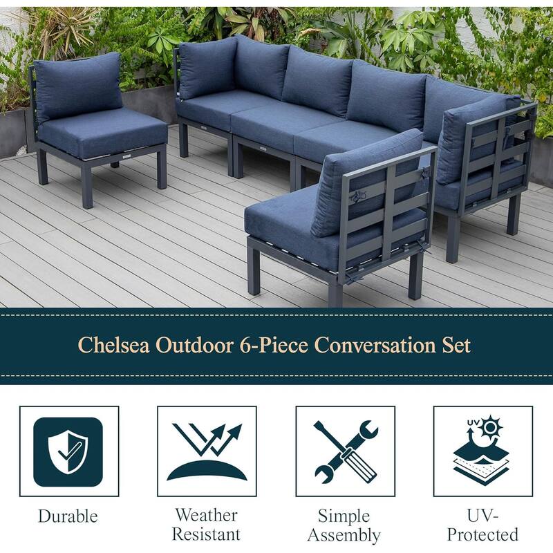 Chelsea 6-Piece Outdoor Patio Sectional Set in Black Aluminum with Removable Cushions for Backyard Garden and Patio Deck