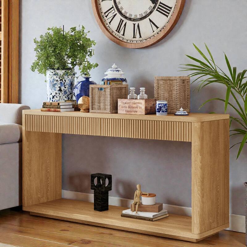 60" Modern Fluted Console Table with 2 Drawers, Natural Wood Veneer Sofa Table for Living Room Hallway Entryway