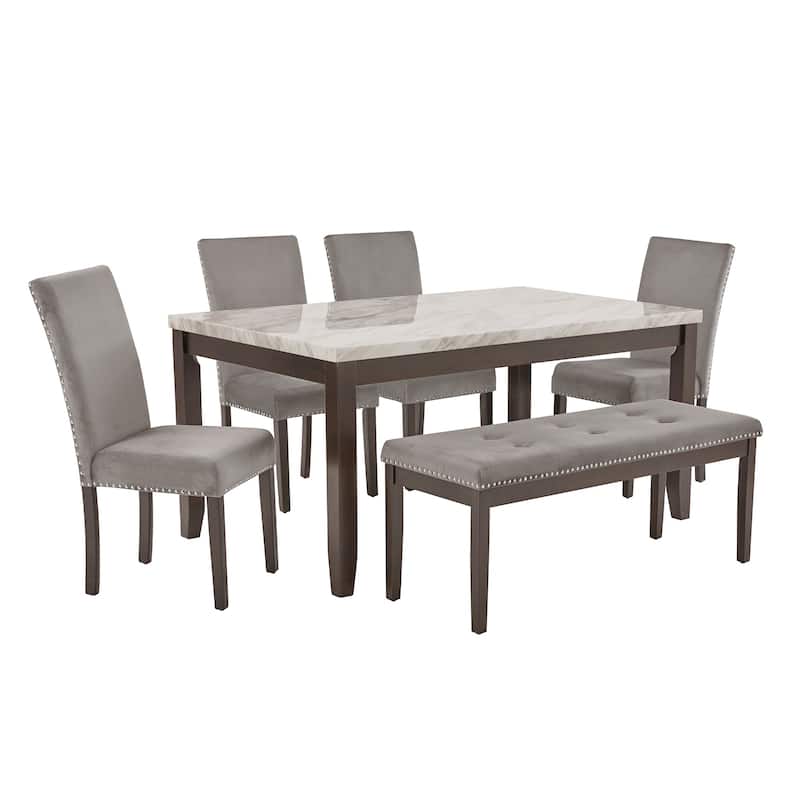 Balmforth 6 - Person White Faux Marble 64" Dining Table Set by iNSPIRE Q Classic - Grey Velvet