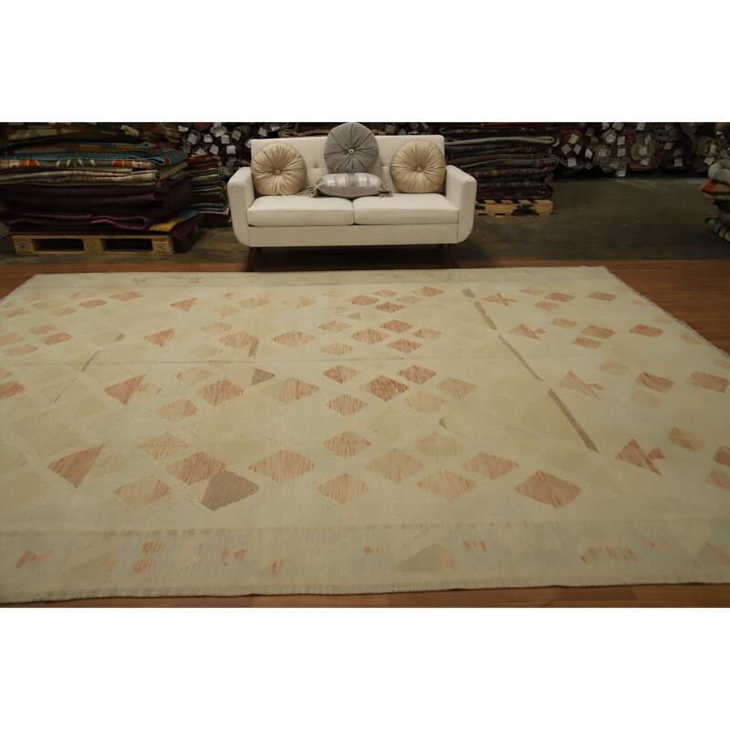 Hand Woven Oriental 100% Wool Carpet Southwestern Tribal Beige & Ivories Kilim Area Rug - 12' 9'' X 10' 0''
