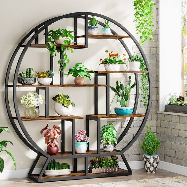 Round Plant Stand, Rustic 63 Inch Potted Plants Holder Flower Rack - Rustic Brown