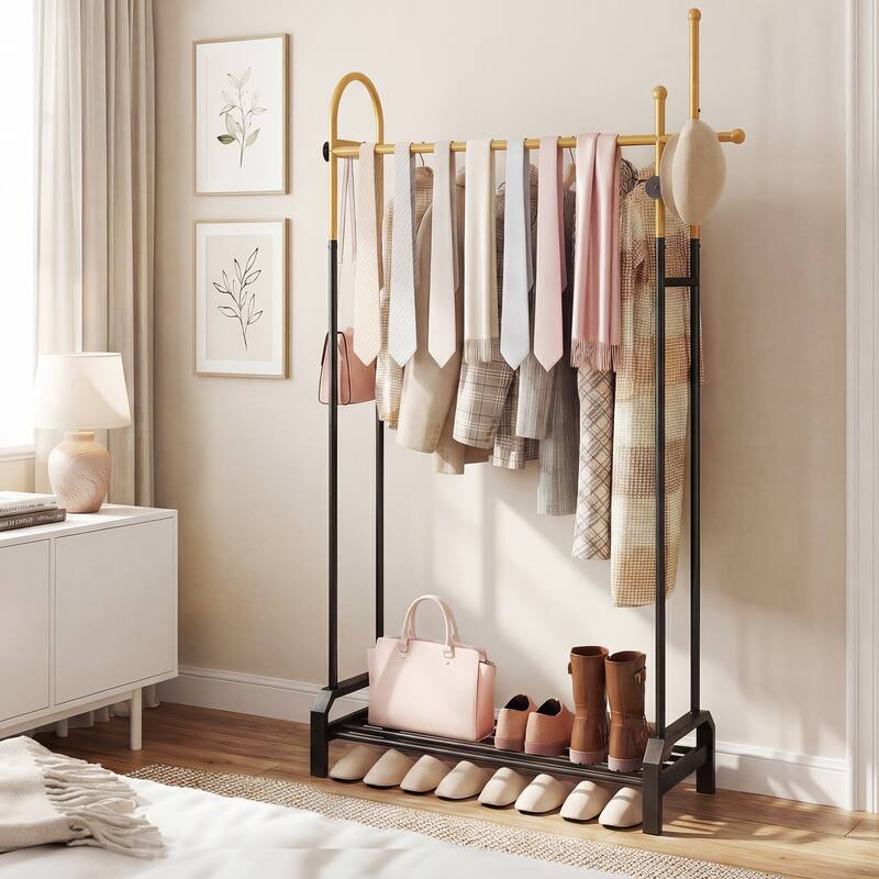 Gymax Double Rods Garment Rack for Hanging Clothes Freestanding