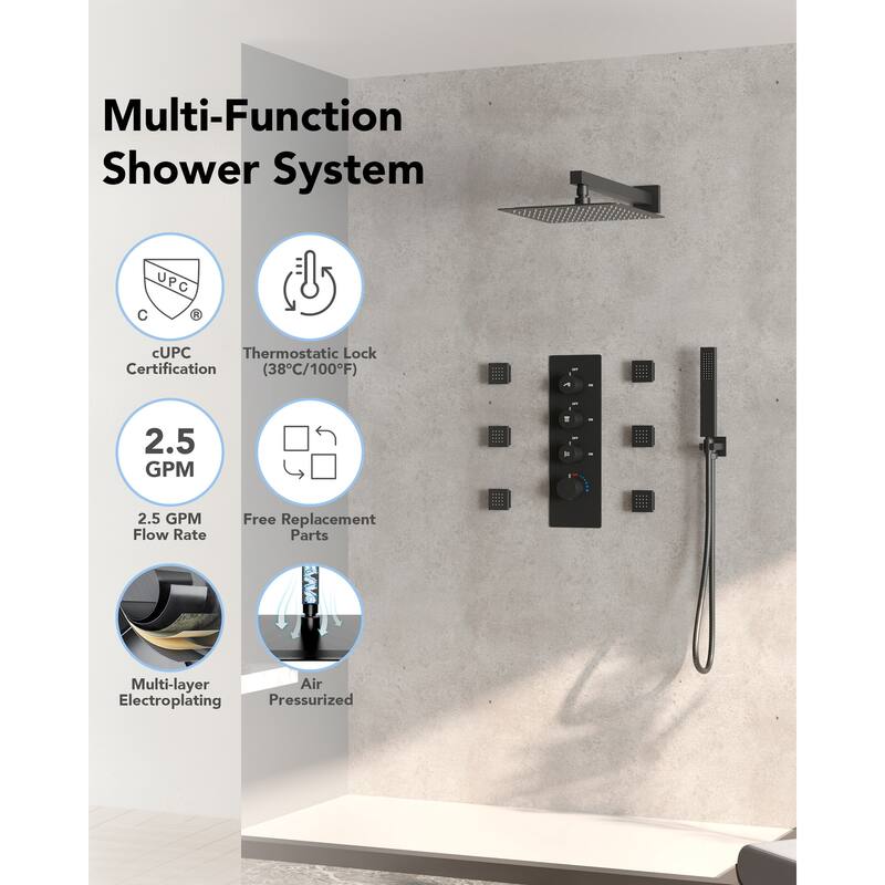 Thermostatic Shower System 12" Rain Shower Head with High Pressure Handheld Spray