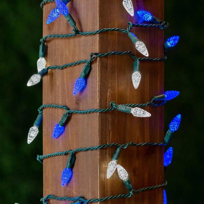 70 Light C6 LED Christmas Mini Light Set, Blue/Pure White, Green Wire, 24 Feet - Large