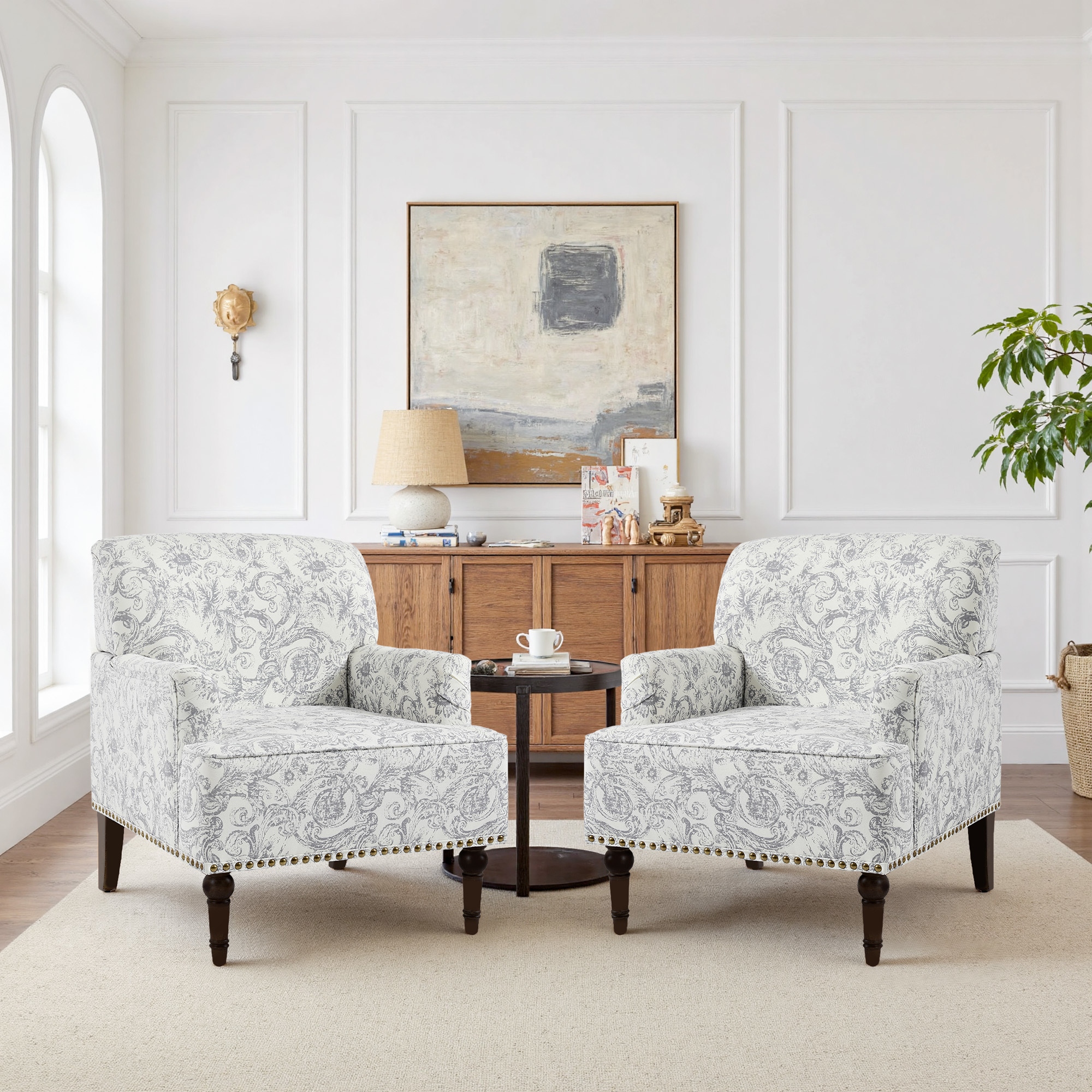 2 Set Upholstered Accent Chairs Nailhead Trim Armchairs