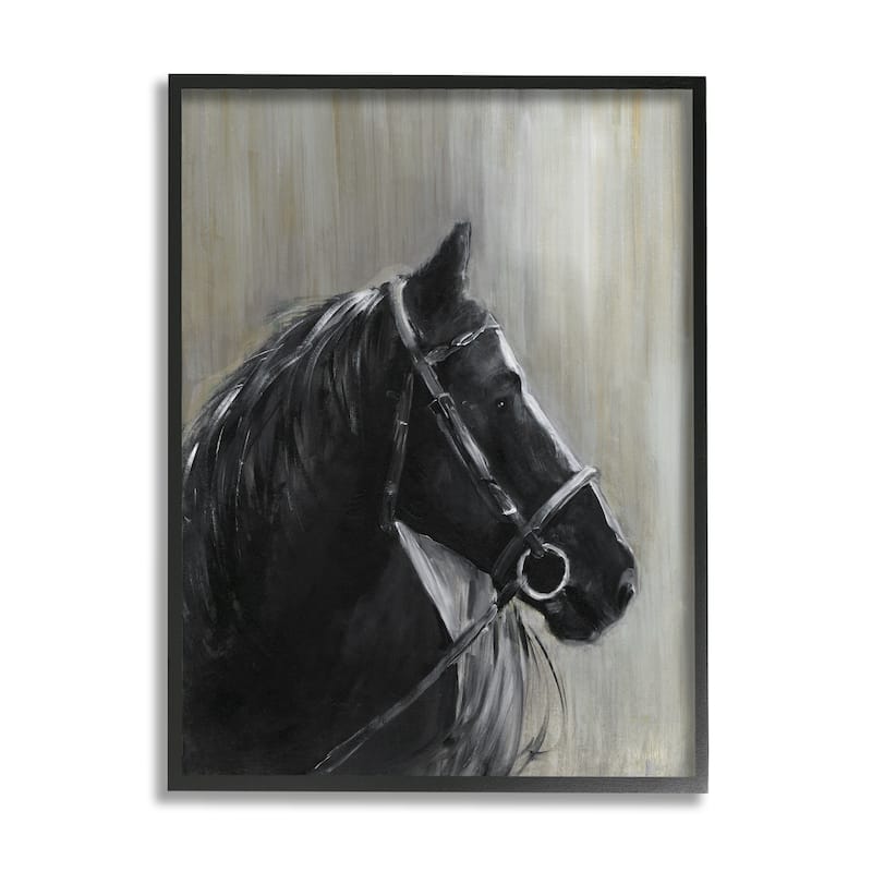 Stupell Black Horse in Bridle Solemn Equestrian Portrait Framed Wall Art