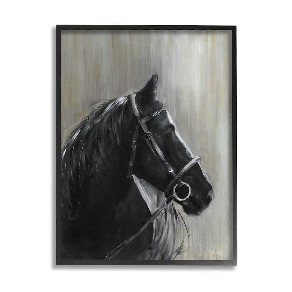 Stupell Black Horse in Bridle Solemn Equestrian Portrait Framed Wall Art