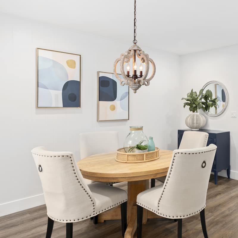Modern Farmhouse 3-Light Distressed Off-White Wood Orb Chandelier for Dining Room - D15.5"x H 19"