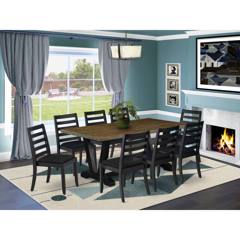 East West Furniture dining room set - a wooden table & Stackable Modern chairs - Wire-brushed Black (Pieces & Seat Options) - V677X1624-9