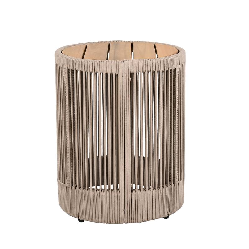 Roomfitters Round Outdoor Side Table, Acacia Wood and Rattan Rope Accent Table for Patio and Balcony