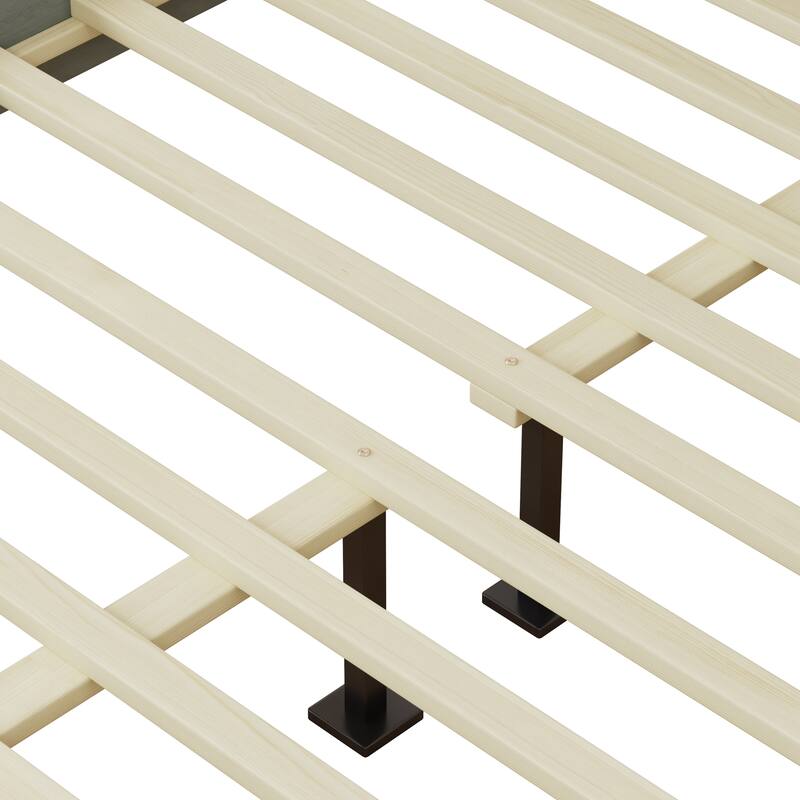Queen Size Solid Wood Platform Bed with Upholstered Headboard and Silent Slats System
