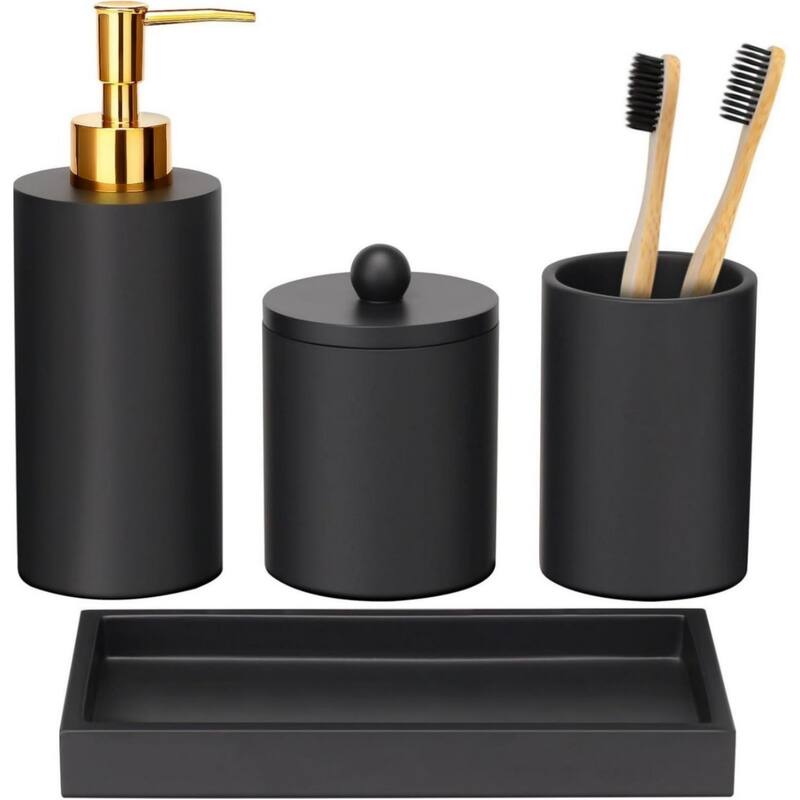 4-piece bathroom accessories set with soap dispenser, toothbrush holder, medicine bottle, tray - Black