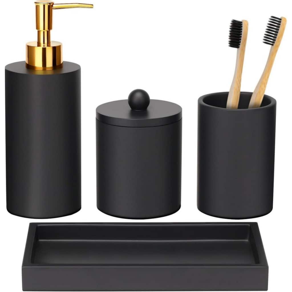 4-piece bathroom accessories set with soap dispenser, toothbrush holder, medicine bottle, tray