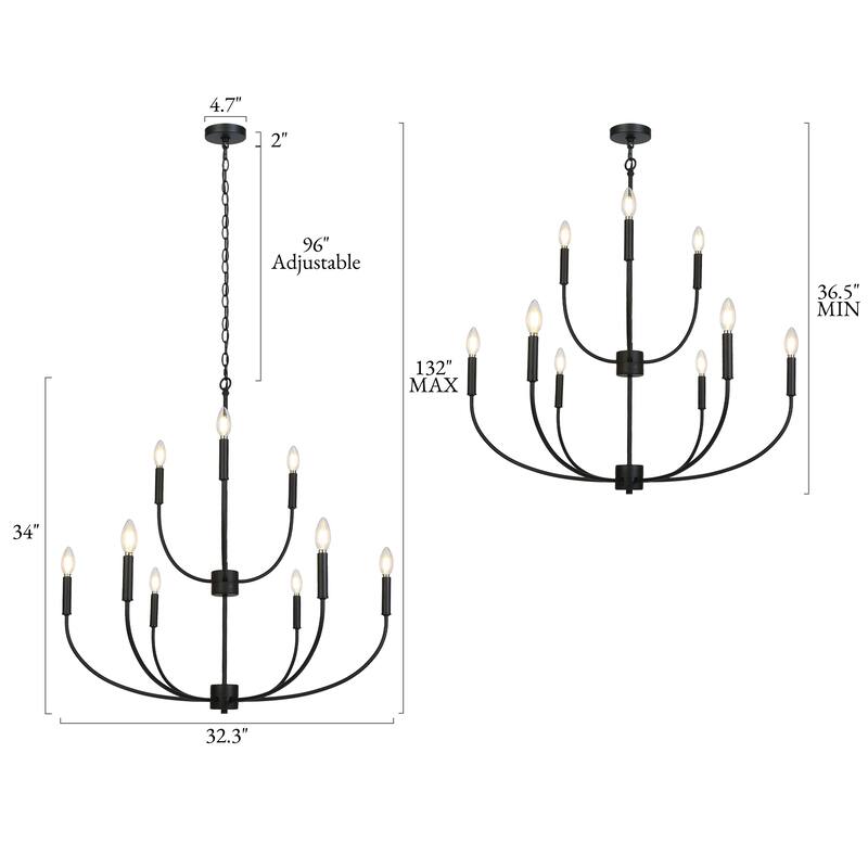 Oriea Modern Farmhouse 9-Light Black Chandelier Classic Candle Lights for Living Dining Room - D 32.3" x H 34"