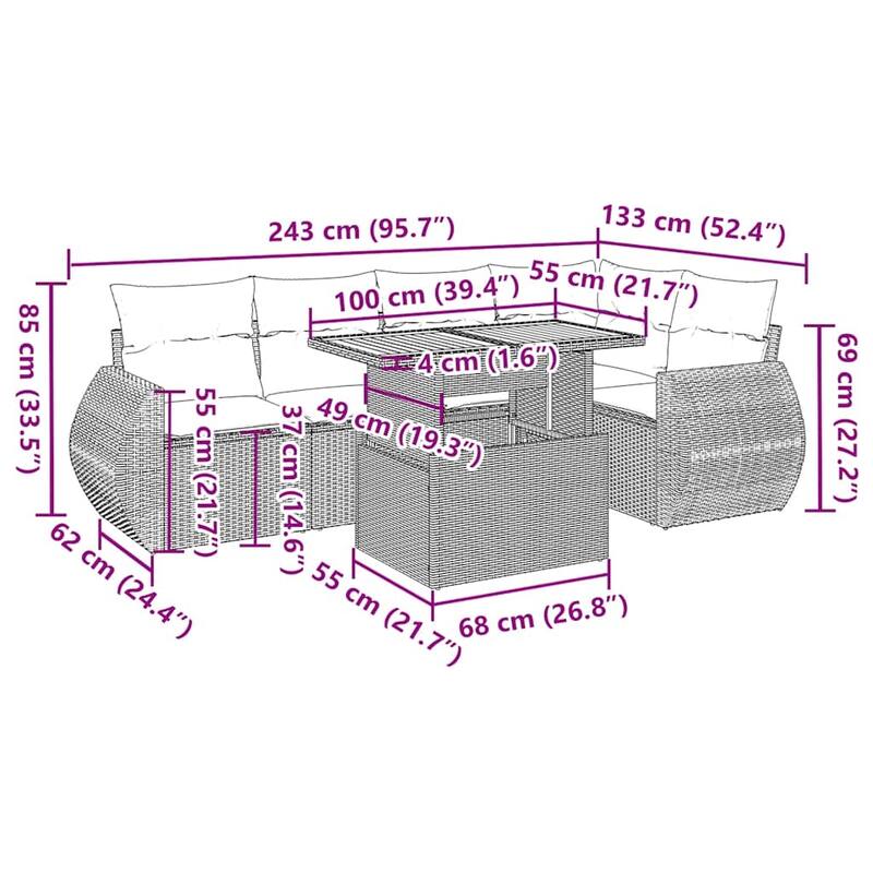 vidaXL Patio Sofa Set with Cushions Table and Modular Sofas 6 Piece Poly Rattan - 21.7 x 39.4 x 28.7