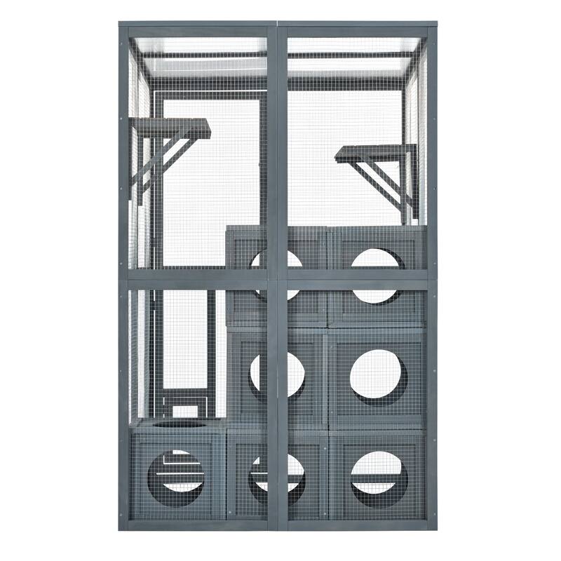 Catio Outdoor Cat Enclosure, Wooden Cat House with Double Enter Doors & Climbing shelves, Cat Cage Playpen with 7 Wood Boxes