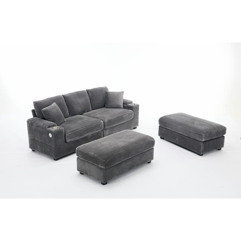 Modular Convertible Sectional Sofa with 2 Ottomans, 2 Seaters Corduroy Arms Couch, Loveseat Sofa with Cup Holders & USB Ports