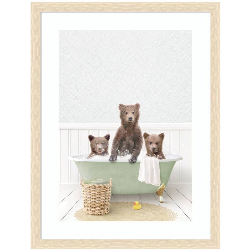 Kate and Laurel Three Bear Cubs in Cottage Green Bath by Amy Peterson Framed Wall Art Print - 20 x 26 - Natural