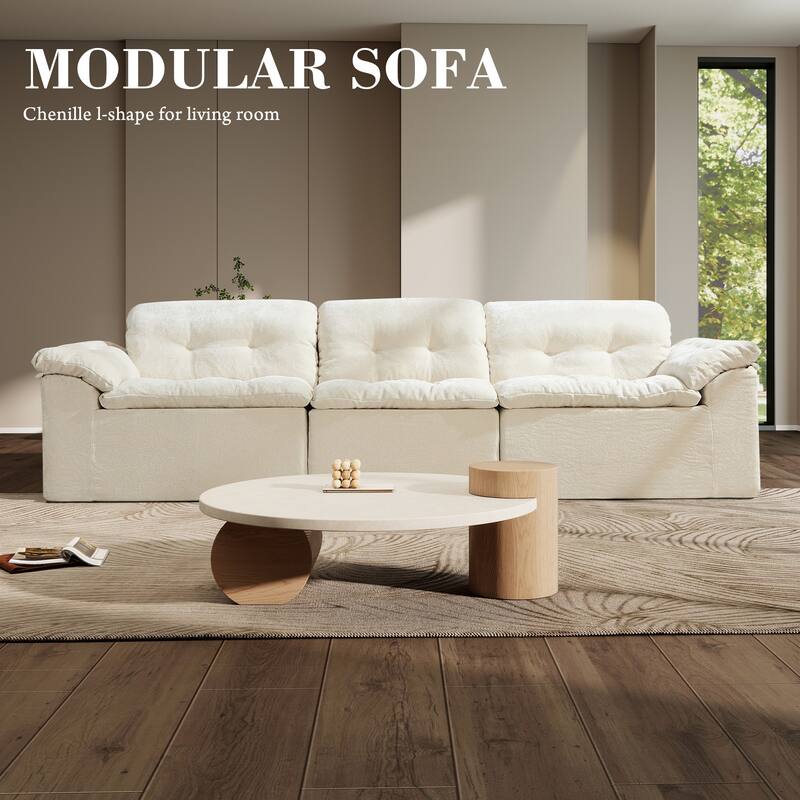 Rossetta 3-Seater Luxury Cloud Chenille Modular Sofa with Adjustable Footrest - Beige