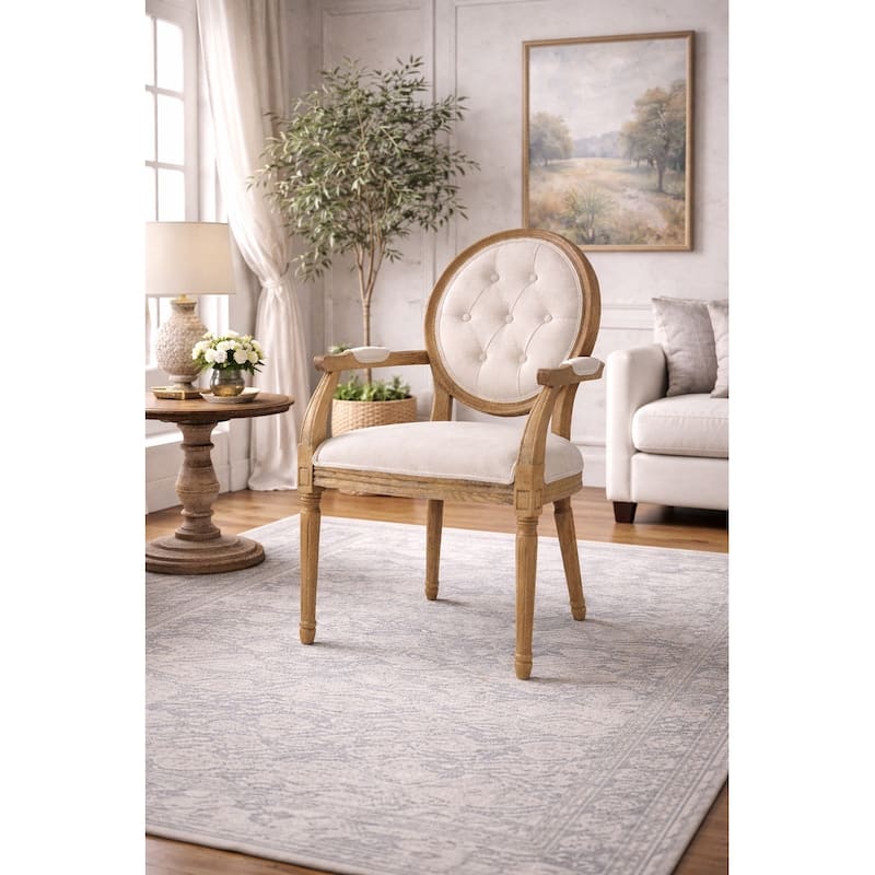 French Chic Vintage Style Dining Side Chair With Upholstered Linen Welted Fabric And Elegant Natural Rustic Wood Frame