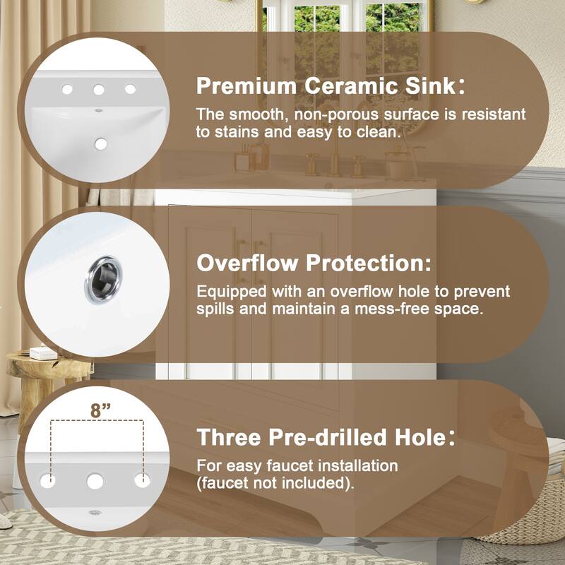 Bathroom Vanity with Ceramic Sink, Freestanding Bathroom Cabinet with Double Shelf, 1 Divided Drawer & 2 Soft Close Doors