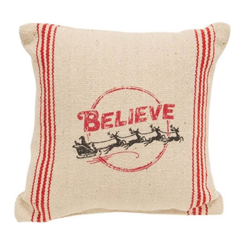 Red Off-White Cotton Holiday Pillow 10 inch Santa Sleigh Striped Decor - Off White-Red