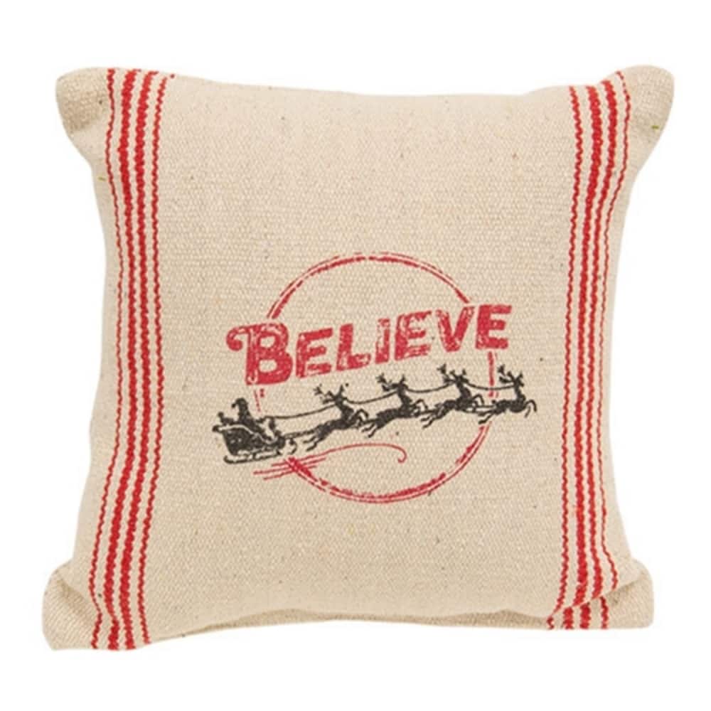 Red Off-White Cotton Holiday Pillow 10 inch Santa Sleigh Striped Decor