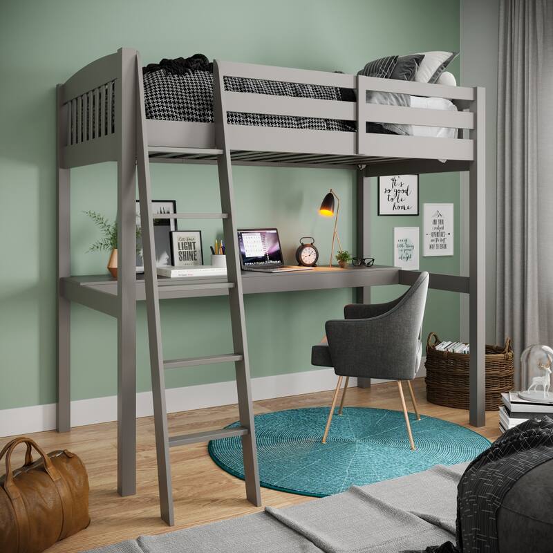 Everest Grey High Loft Bed with Desk and Storage, with Stairs - Grey