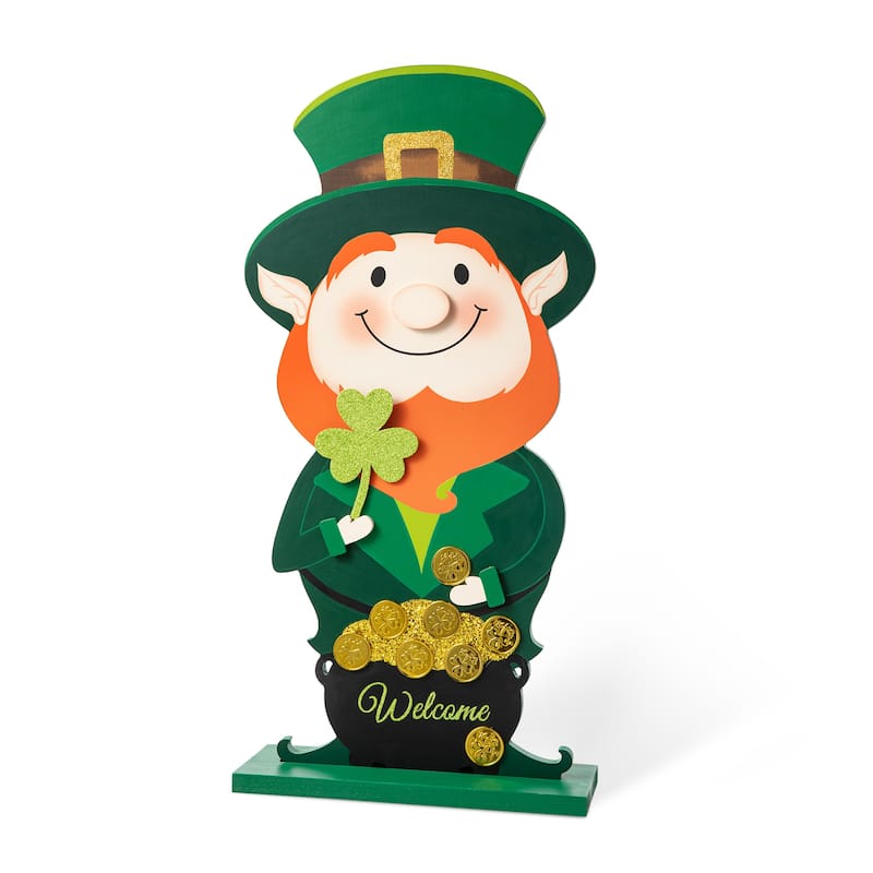 Glitzhome 24"H Wooden St. Patrick's Leprechaun Pot of Gold Porch Decor