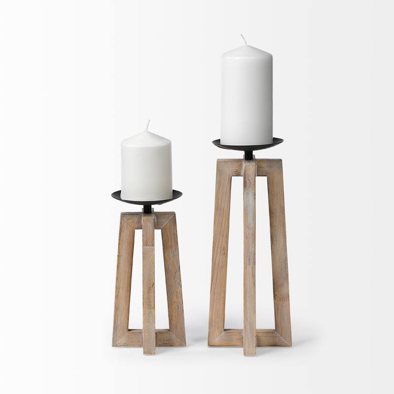 Astra Small Light Brown Wood Pedestal Base Table Candle Holder - 4.3L x 4.3W x 9.1H