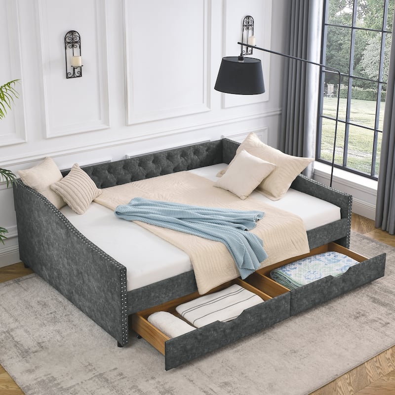 2 in 1 Pull Out Couch Bed Queen Size Daybed with Drawers Upholstered Tufted Sofa Bed,with Button on Back and Copper Nail
