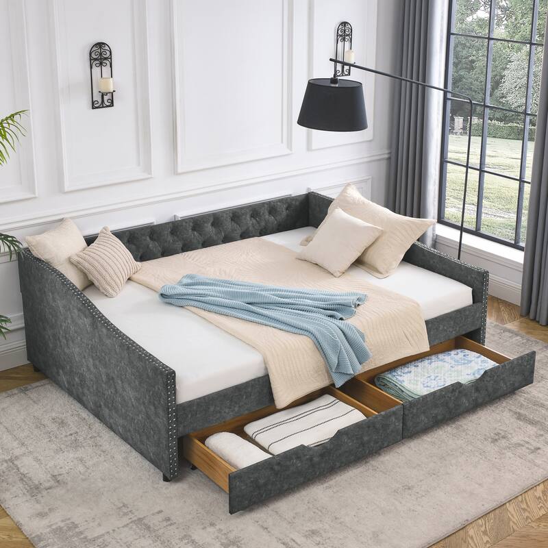 Tufted Button Daybed with 2 Storage Drawers/Upholstered Sofa Bed Frame w/Copper Nail on Waved Shape Armrests/No Spring Box Need